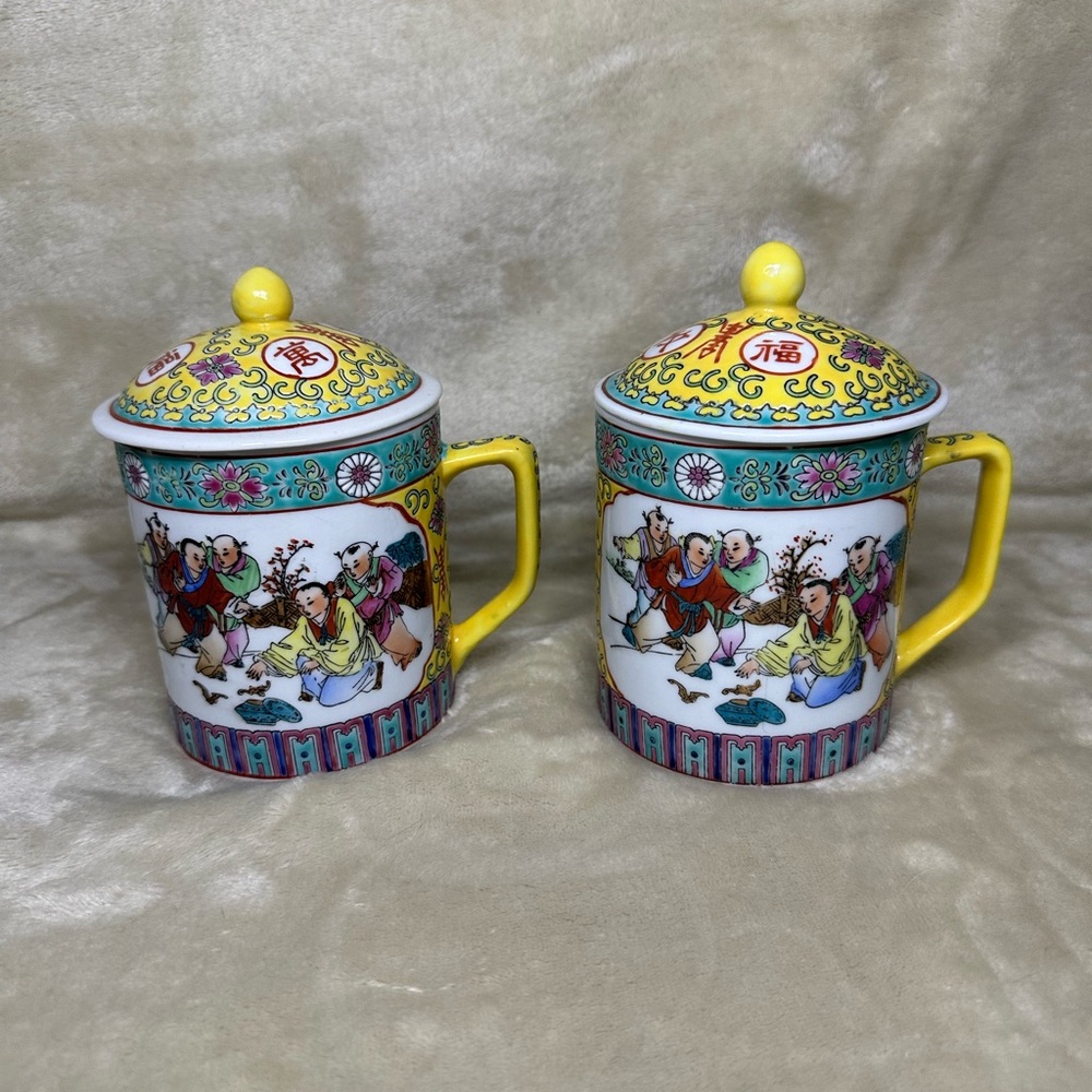 Two Vintage Style Yellow Asian inspired Mugs with Lids